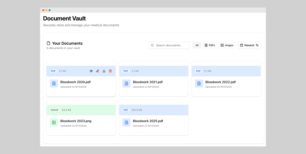 Document Vault Interface - Organized storage for all health documents